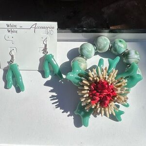 HUSH Red Cream Turquoise Coral Marble Resin Lucite Stretch Bracelet w Earrings